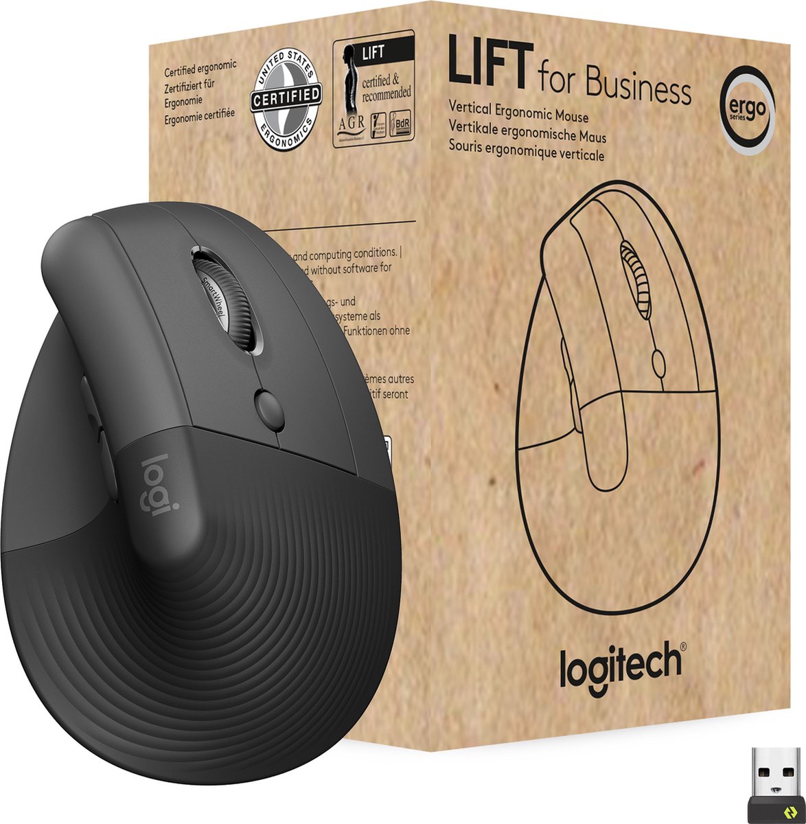 Logitech Lift Vertical Ergonomische Muis - Draadloos, Bluetooth Of Logi Bolt, Stille Klikken, Grafiet - Voor Kleine Tot Middelgrote Handen